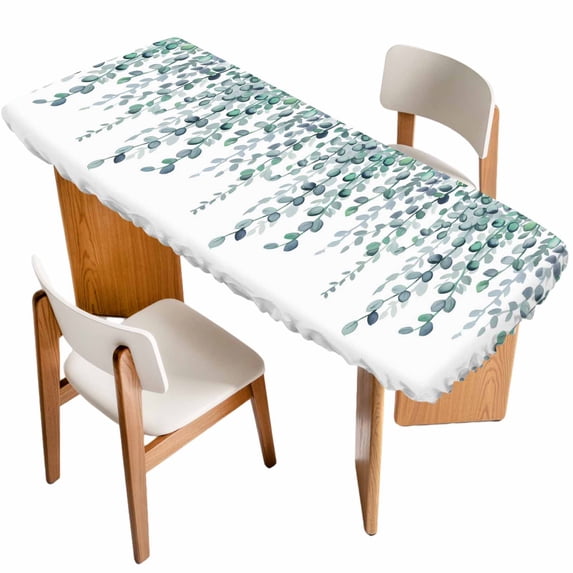 Teal Green Eucalyptus Leaves Table Cloths for 8 Foot Rectangle Tables, Spring Plants Leaves Country Patio Waterproof Elastic Fitted Tablecloths, Washable Rectangular Table Cover for Camping