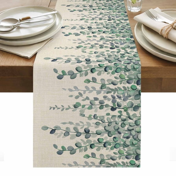 Teal Green Eucalyptus Leaves Table Runner - 70 Inch Long, Kitchen Dining Table Runner Dresser Scarves, Spring Plants Country Beige Farmhouse Decor for Coffee Tables Wedding Party Banquet