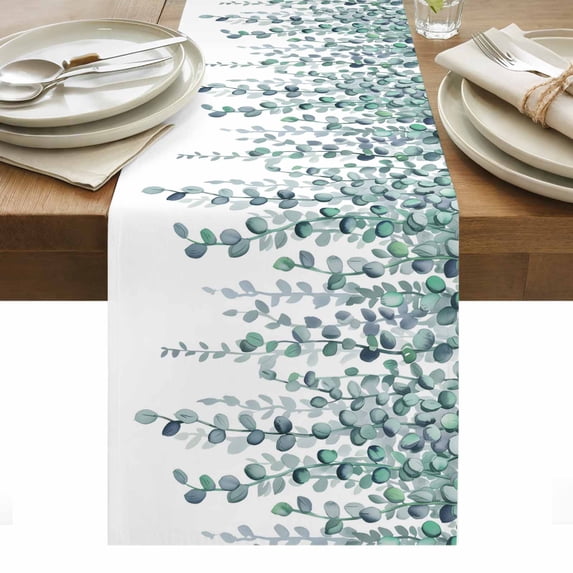 Teal Green Eucalyptus Leaves Table Runner - 90 Inch Long, Kitchen Dining Table Runner Dresser Scarves, Spring Plants Leaves Country Farmhouse Decor for Coffee Tables Wedding Party Banquet