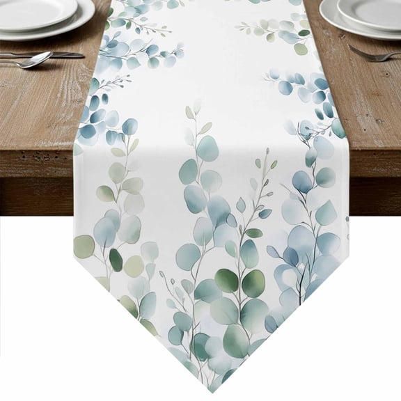 Teal Green Eucalyptus Leaves Table Runner Linen Burlap Table Runner 36 Inches Small Farmhouse Botanical Dresser Scarves for Kitchen Island Coffee Dining Party Wedding Banquet Holiday Decor 13"x36"