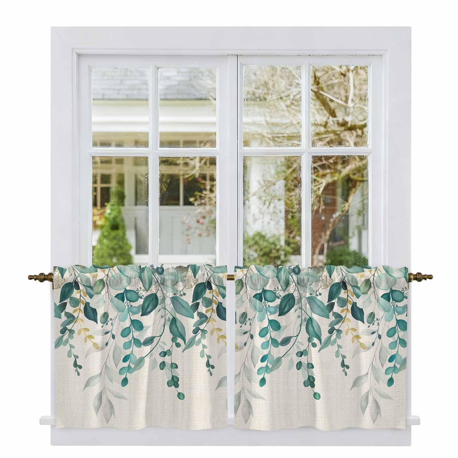Teal Green Eucalyptus Tier Curtains 36 Inch Length, Farmhouse Weeping Leaves Linen Cafe Short Curtains for Bathroom Over Sink, Small Kitchen Curtain Light Filtering Tiered Drapes 2 Panels 27.5"Wx36"L