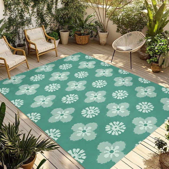 Teal Green Floral Outdoor Rug 6x9 Ft - Reversible Patio Rug Outdoor Camping Rugs, Spring Flowers Modern Abstract Art Farmhouse Indoor Outdoor Area Rugs, Non-Slip Outdoor Carpet Runner for Deck/Porch