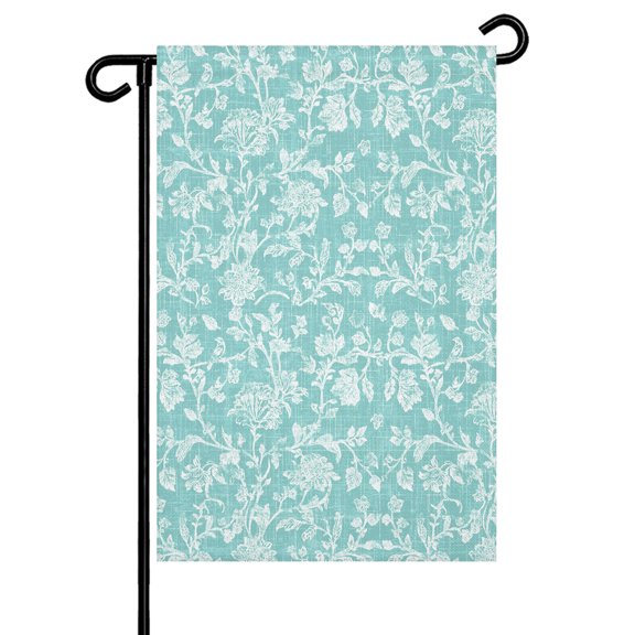Teal Green Flower Garden Flag 28x40 Inch Pastoral White Plant Petal Leaf Rustic Linen Double Sided Small Decorative Garden Flags for Outside, Outdoor Yard Porch Lawn Decoration