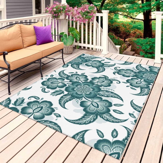 Teal Green Flower Outdoor Rug for Patio/Deck/Porch, Non-Slip Large Area Rug 5 x 8 Ft, Abstract Vintage Ethnic Floral Indoor Outdoor Rugs Washable Area Rugs, Reversible Camping Rug Carpet Runner