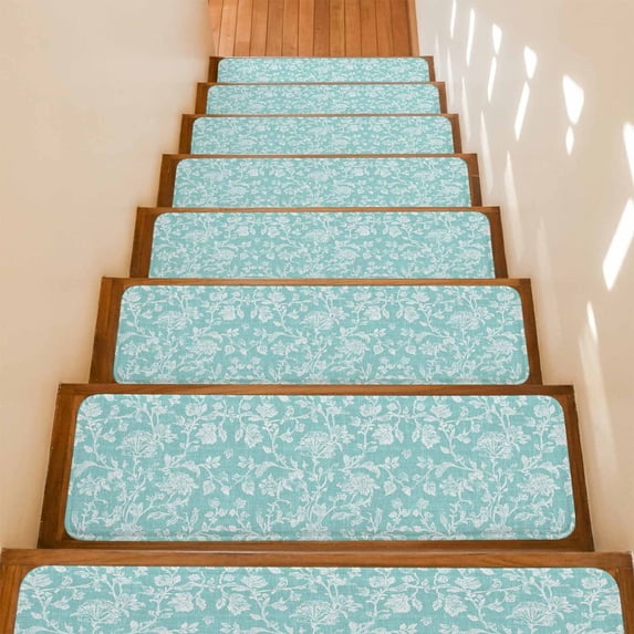 Teal Green Flower Stair Treads Non Slip for Steps Pastoral White Plant Petal Leaf Rustic Linen 4 Pcs Reusable Adhesive Stair Runner Mats for Dogs Elders Carpet Treads Rugs for Staircase 8x30 In