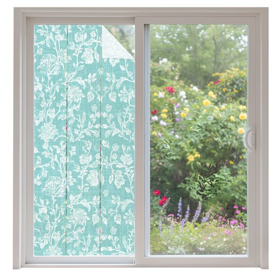 Teal Green Flower Window Privacy Film Pastoral White Plant Petal Leaf Rustic Linen Decorative Glass Window Film UV Blocking Static Cling Non-Adhesive Sticker Covering for Home Door 35.4x78.7 inches