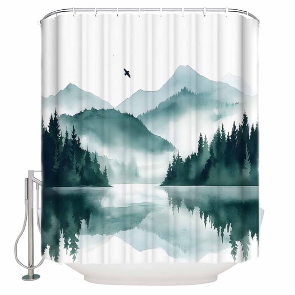 Teal Green Forest Bathroom Shower Curtains with 12 Hooks Polyester Waterproof Shower Curtain for Stalls and Bathtubs Summer Botanical Trees Mountain Decorative Bathroom Privacy Curtain 72x78 Inches