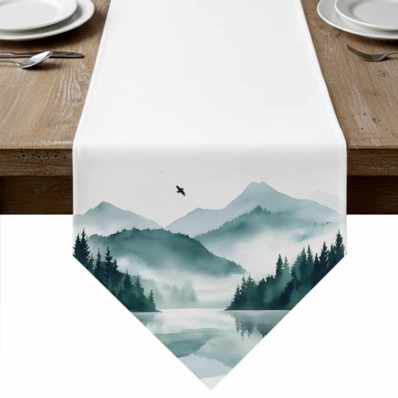 Teal Green Forest Table Runner Linen Burlap Table Runner 60 Inches Long Summer Botanical Trees Mountain Dresser Scarves for Kitchen Island Coffee Dining Party Wedding Banquet Holiday Decor 13"x60"