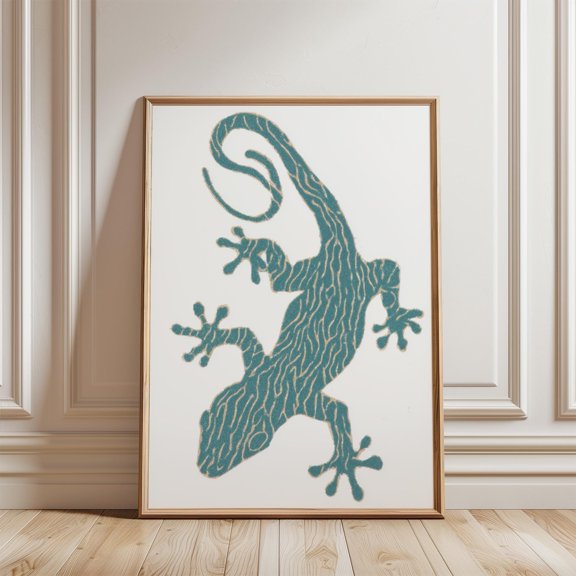 Teal Green Gecko Poster, Woodblock Style Lizard, Minimal Asian Animal Artwork, Poster Only