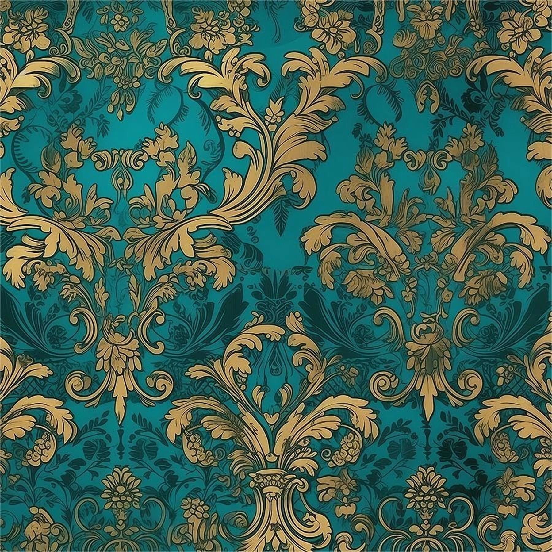 Teal Green Gold Damask Flower Vintage Peel and Stick Wallpaper Contact Paper Vinyl Stick on Wall Paper for Bedroom Bathroom Kitchen Cabinet Renter Friendly