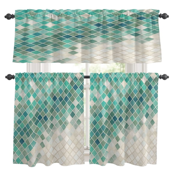 Teal Green Gradient Mosaic Kitchen Curtains Set for Windows, Grid Abstract Color Block Curtains Valance and Tier 3 Piece Set Small Drapes 24 Inch Length for Kitchen Bedroom Decor