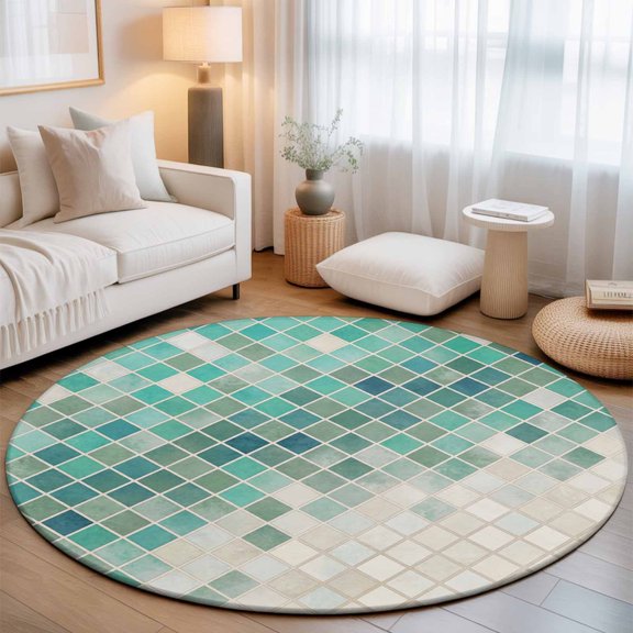 Teal Green Gradient Mosaic Small Round Rug 3Ft Grid Abstract Color Block Area Rugs Washable Non Slip Indoor Floor Mats Circle Carpet for Living Room Bedroom Dining Room Home Decor