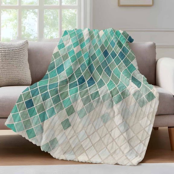Teal Green Gradient Mosaic Throw Blanket for Couch Grid Abstract Color Block Soft and Warm Flannel 3D Striped Fluffy Fuzzy Fleece Blanket Lightweight Throw for Bed, Sofa 40 x 50 Inches