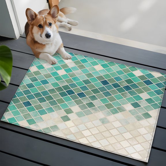 Teal Green Gradient Mosaic Washable Entry Rug 2x3 Grid Abstract Color Block Low Pile Indoor Door Mat with Rubber Backing Thin Area Rug for for Entrance, Bedroom, Kitchen, Laundry, Bathroom