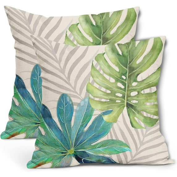 Teal Green Gray Tropical Leaves Pillow Covers 16X16 Inch Monstera Palm Leaf Plants Decorative Cotton Linen Summer Botanical Pillow Cases Set of 2 Farmhouse Home Decor For Sofa Couch Cushion Outdoor