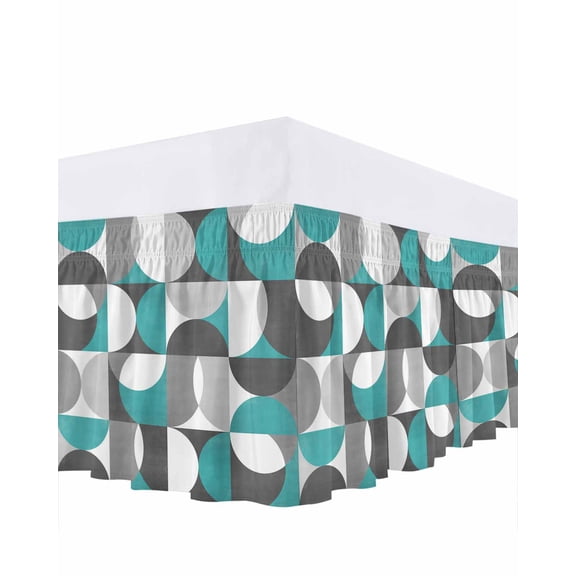 Teal Green Grey Bed Skirt California King Size 18 Inch Drop, Nordic Retro Medieval Geometric Abstract Wrap Around Dust Ruffle Bedskirts, Easy Fit Bedskirt with Adjustable Elastic