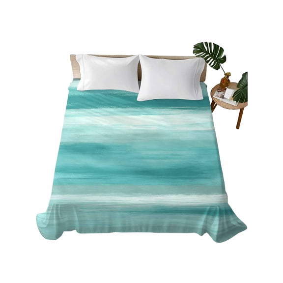 Teal Green Grey Full Size Flat Sheet Only, Hotel Luxury Microfiber Bed Top Sheets, Abstract Art Oil Painting Turquoise Ombre Soft Breathable Bedding Sheet for Bedroom, Easy Care - 81" x 96"