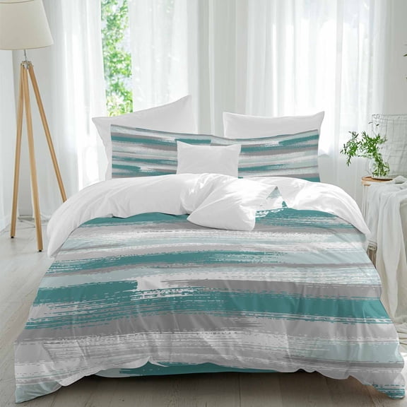 Teal Green Grey Lines Full Size Comforter Set, Abstract Mottled Paints Graffiti Texture Bedding for All Seasons, 4 Pcs Bed Set, 1Quiltcover (86"x86") ,1Sheet(80"x116"), 2Pillowcases (30"x20")