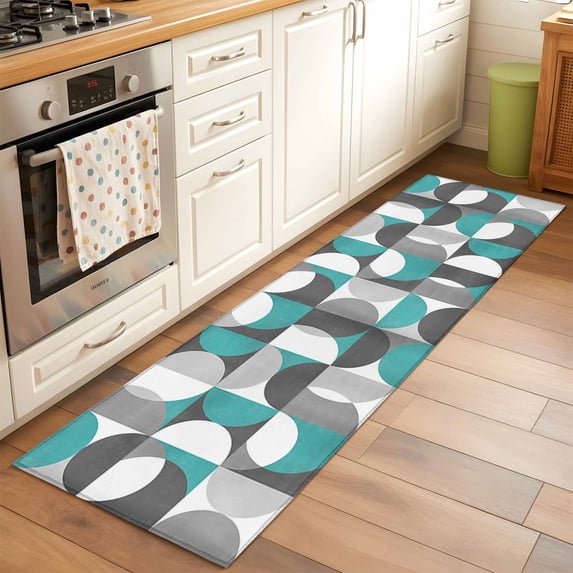 Teal Green Grey Runner Rug for Hallway 2x6ft, Nordic Retro Medieval Geometric Abstract Non Slip Floor Mat Washable Low-Profile Indoor Carpet for Living Room, Bedroom, Dining Room