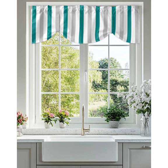 Teal Green Grey Stripe Tie Up Valances Curtain, Adjustable Kitchen Classic Modern Valances for Windows Decor, Rod Pocket Short Curtains Set for Bedroom/Bathroom, 42"x12"