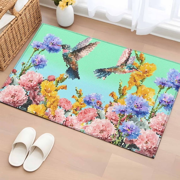 Teal Green Hummingbirds Entryway Rug 2'x3' Non Slip Front Door Mats, Spring Watercolor Flowers Plant Entrance Rugs Indoor Outdoor Carpet, Washable Floor Mats Small Area Rug for Bedroom Kitchen