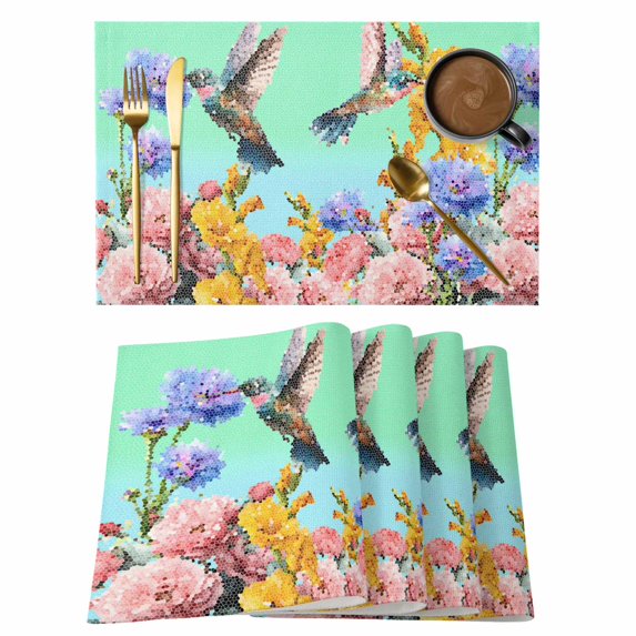 Teal Green Hummingbirds Placemats Set of 4, Spring Watercolor Flowers Plant Placemats for Dining Table, Place Mats for Kitchen Tabletop, Waterproof Wipeable Dining Table Mats Set