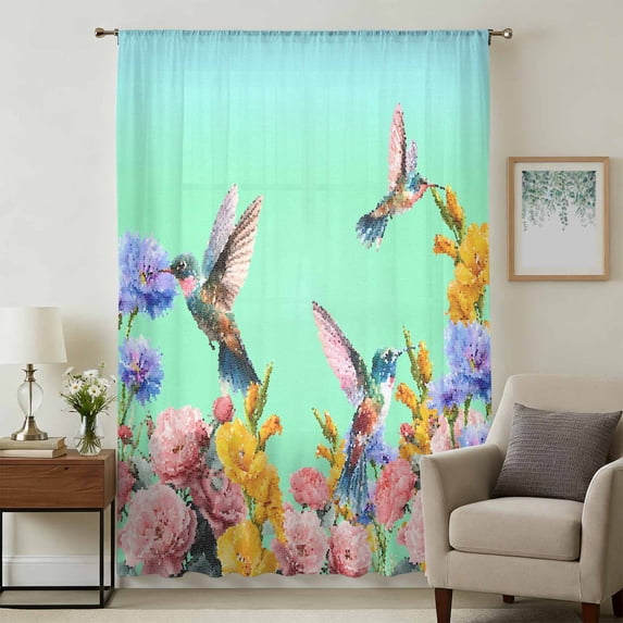 Teal Green Hummingbirds Sheer Curtains 54 Inches Long, Spring Flowers Plant Light Filering Curtains, Breathable Simi Curtain Privacy Drapes for Kitchen Bathroom Lightweight Small Window Treatment