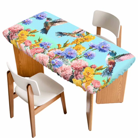 Teal Green Hummingbirds Table Cloths for 4 Foot Rectangle Tables, Spring Watercolor Flowers Plant Patio Waterproof Elastic Fitted Tablecloths, Washable Rectangular Table Cover for Camping