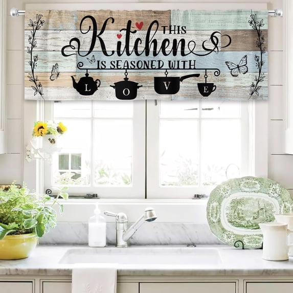 Teal Green Kitchen Curtains 52Wx18H Inch Rod Pocket Rustic Valance Farmhouse Wood Plank Vintage Country Butterfly Bedroom Window Drapes Quotes Printed Living Room Window Treatment 1 Panel
