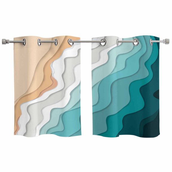 Teal Green Kitchen Curtains Small Short 39 Inch Length, Geometric Brown White Beach Waves Gradient Grommet Top Bedroom Living Room Curtains, Light Filtering Cafe Curtain Drapes 2 Panels Set 55''x39''