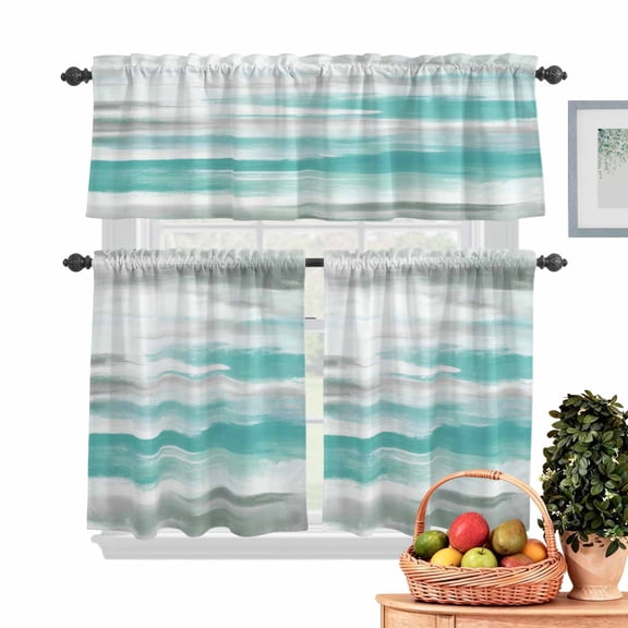 Teal Green Kitchen Curtains Valances 3 Piece Set, Abstract Retro Ombre Mottled Texture Farmhouse Rod Pocket Tier Curtain and Valance Drapes for Small Window 24 Inch Length for Bedroom Cafe