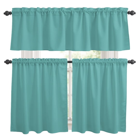 Teal Green Kitchen Curtains Valances 3 Piece Set, Tropical Teal Color Solid Background Rustic Farmhouse Rod Pocket Tier Curtain and Valance Drapes for Small Window 24 Inch Length for Bedroom Cafe