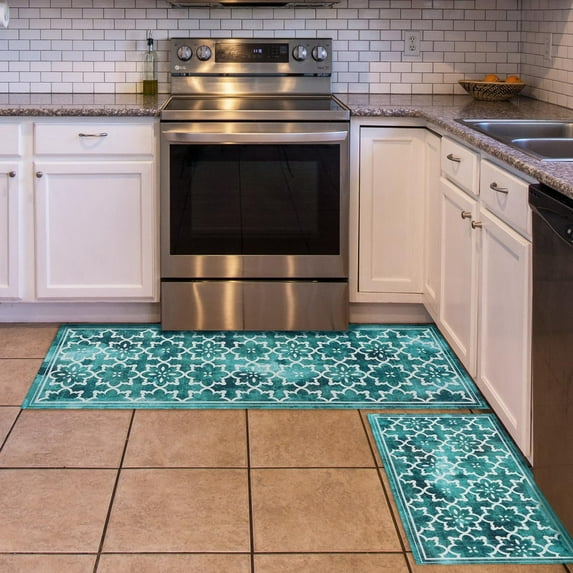 Teal Green Kitchen Mats for Floor, Turquoise Geometric Boho Kitchen Rugs Set of 2 Carpet Area Rug, Retro Vintage Farmhouse Boho Kitchen Decor and Accessories Stuff, 17x30 and 17x47 Inch
