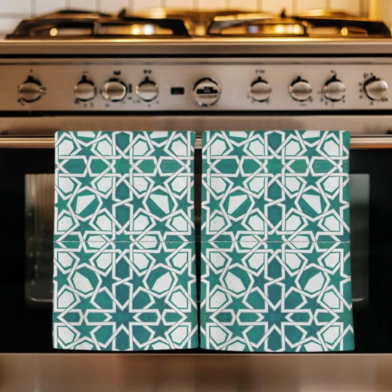 Teal Green Kitchen Towels Set of 4, Vintage Abstract Geometric Texture Absorbent Dish Towels for Kitchen, Microfiber Hand Towel, Quick Drying Tea Towel for Cleaning Decorative Dishcloths