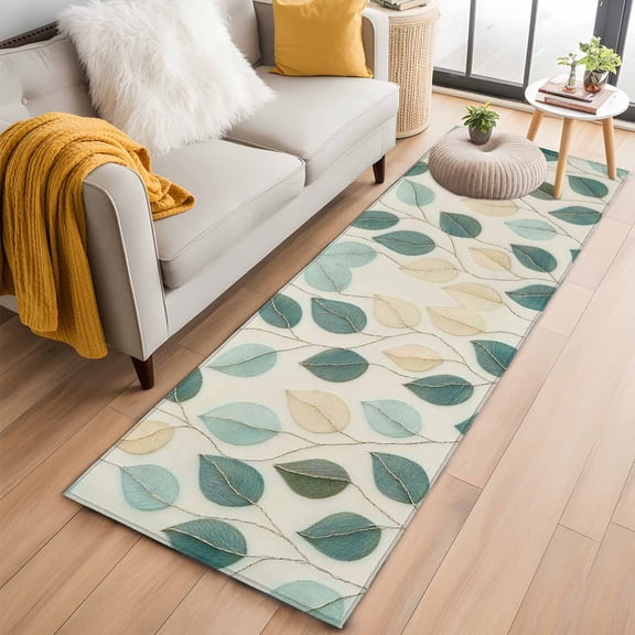 Teal Green Leaf Kitchen Runner Rug 2x6 Washable Runners for Hallway Non Slip Farmhouse Vintage Middle Century Textured Large Area Rug Indoor Floor Carpet for Bathroom Laundry Entryway Bedroom