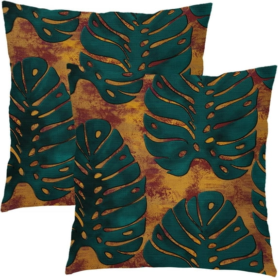 Teal Green Leaf Pillow Covers 18X18 Inch Summer Tropical Monstera Leaves Plant Decorative Pillow Cases Set of 2 Botanical Cotton Linen Throw Pillows Modern Home Decor For Sofa Couch Cushion Outdoor