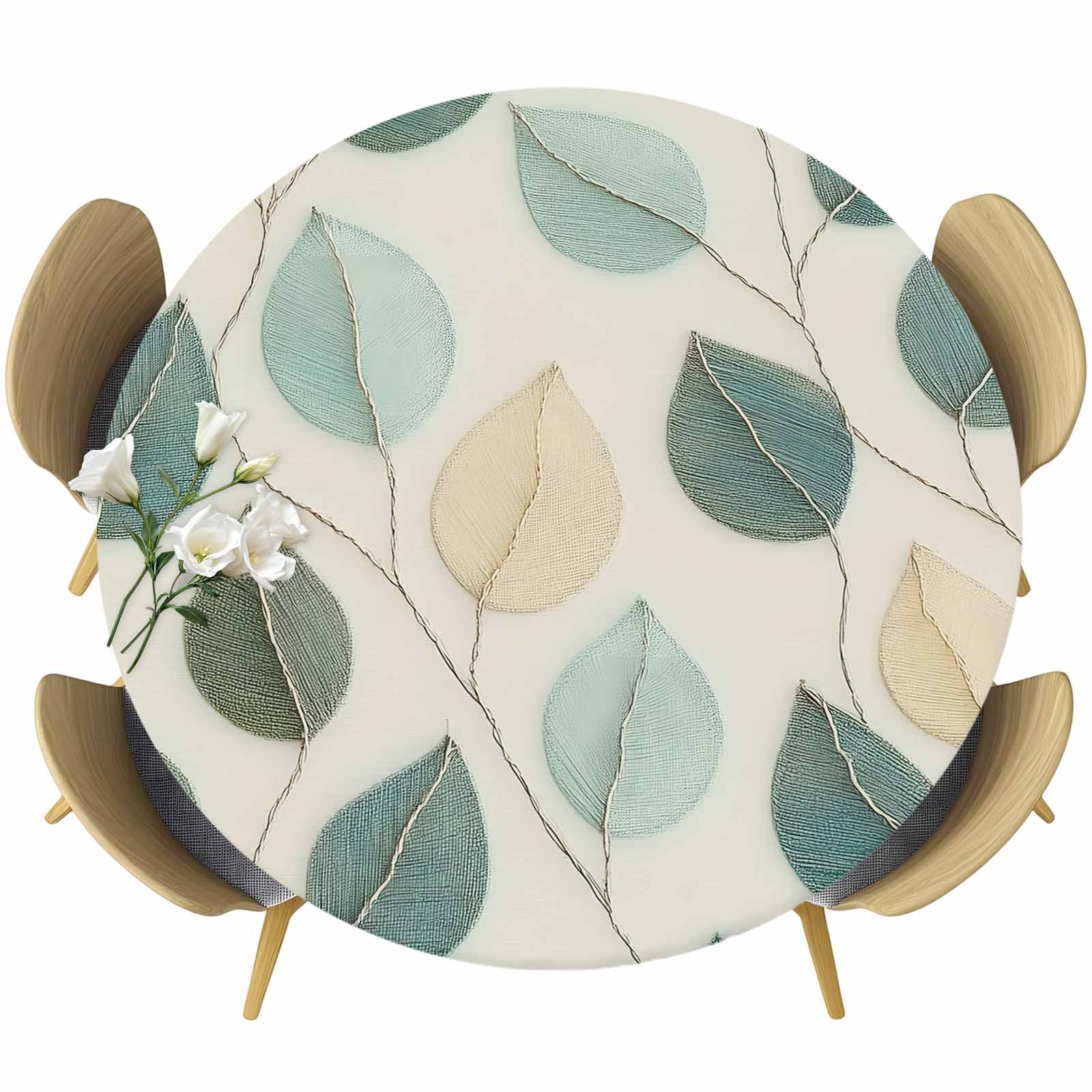 Teal Green Leaf Round Tablecloth, Fitted Table Cover with Elastic for ...