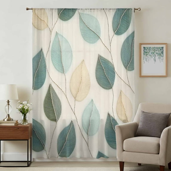 Teal Green Leaf Sheer Curtains 54 Inches Long, Farmhouse Vintage Middle Century Textured Light Filering Curtains, Breathable Simi Curtain Privacy Drapes for Kitchen Bathroom Small Window Treatment