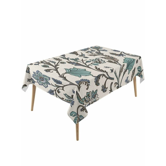 Teal Green Leaf Table Cloth, Vintage Farmhouse Boho Pastoral Tribal Waterproof Tablecloth for Rectangle Tables, Reusable Washable Fabric Table Cover for Restaurant Kitchen Dining Tables 60"x120"