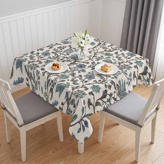 Teal Green Leaf Table Cloth Waterproof Tablecloths, Vintage Farmhouse Boho Pastoral Tribal Tablecloth Dining Table Cover for Kitchen Party Tabletop Outdoor, Square Tablecloth 60x60 Inch
