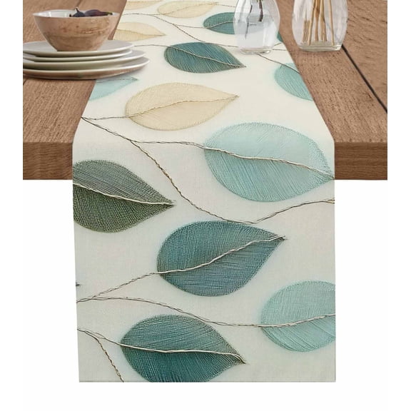Teal Green Leaf Table Runner 48 Inches, Farmhouse Vintage Middle Century Textured Bed Runner Dresser Scarves Tabletop for Indoor Outdoor Parties/Ceremony/Banquet, 13" x 48"