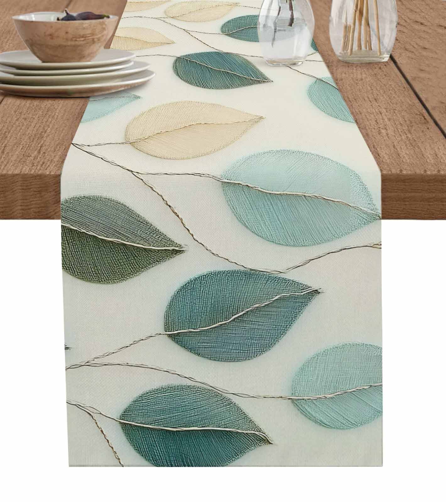 Teal Green Leaf Table Runner 72 Inches, Farmhouse Vintage Middle Century Textured Bed Runner Dresser Scarves Tabletop for Indoor Outdoor Parties/Ceremony/Banquet, 18" x 72"