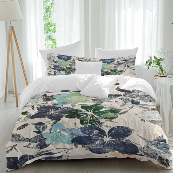 Teal Green Leaf Twin Duvet Cover Set, Vintage Shabby Botanical Retro Nostalgia Texture 4 Piece Microfiber Bedding Set with Zipper Closure, Bed Sheet and 2 Pillow Shams, Soft Bedding Cover