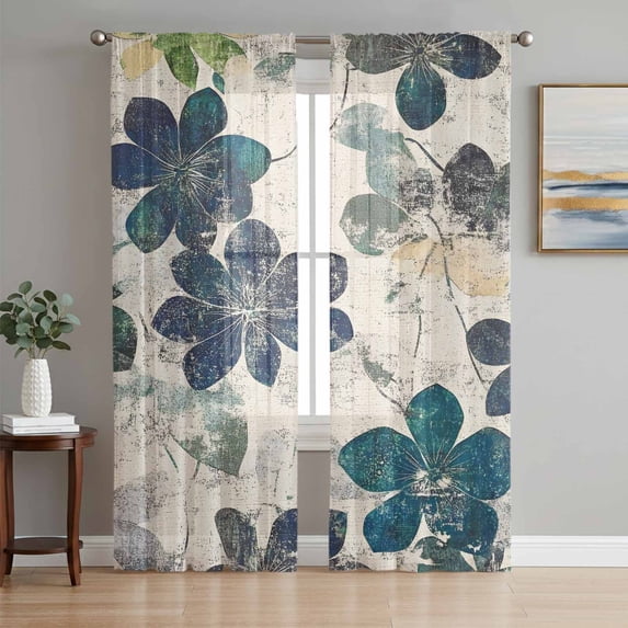 Teal Green Leaves Sheer Curtains 84 Inch Length 2 Panels Set, Vintage Shabby Botanical Voile Window Treatment Rod Pocket Curtains Sheers Drapes for Bedroom/Living Room/Kitchen 52"x84"x2