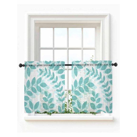 Teal Green Leaves Tier Curtains 24 Inch Length,Sheer Curtains for Bedroom Living Room Summer Farmhouse Botanical Boho Branch Short Kitchen Curtains Drapes for Small Half Window 27.5"x24" 2 Panels
