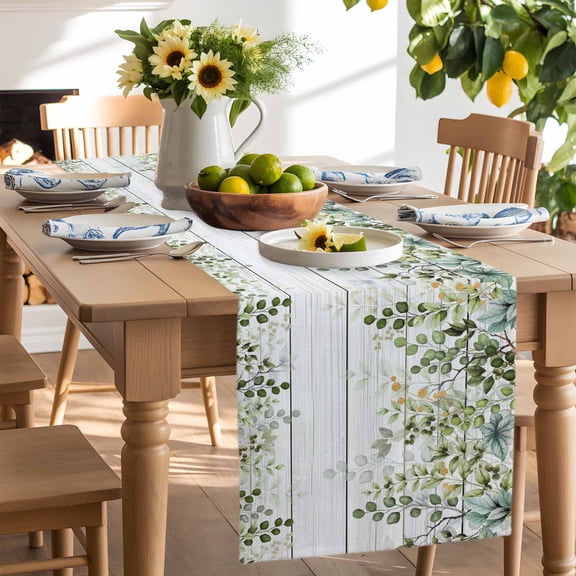 Teal Green Leaves on Vintage Wood Grain Table Runner-90 Inch Long Watercolor Plant Table Runners Linen Burlap Tablerunner for Kitchen Dining Room Holiday Party