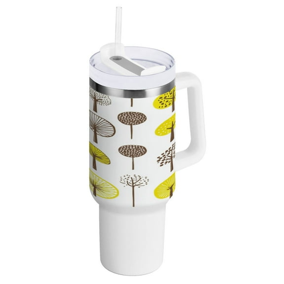 Teal Green Leaves on Beige Insulated Tumblers 40oz Double-Walled Stainless Steel Water Bottles Car Handle