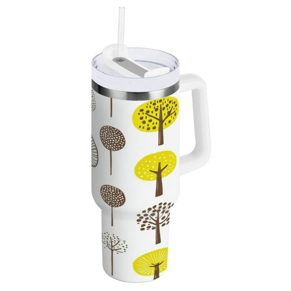 Teal Green Leaves on Beige Water Bottles 30oz Insulated Tumblers Double-Walled Ergonomic Handle Leak Proof