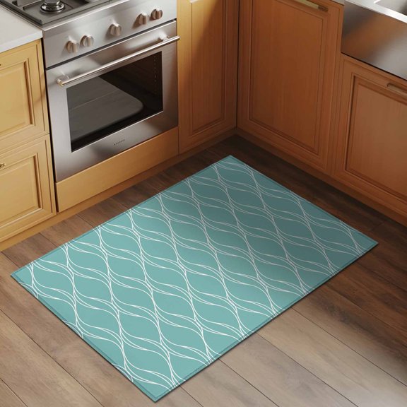 Teal Green Line 2x3 Rug for Entryway Front Door Kitchen Sink Area, Country Abstract Art Waves Stripes Classic Low Pile Washable Non Slip Rectangle Area Rug