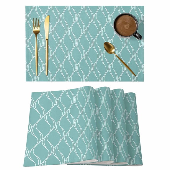 Teal Green Line Placemats Set of 4, Country Abstract Art Waves Stripes Classic Non-Slip Place Mats Washable Table Mats for Kitchen Dining Table Decorations Indoor/Outdoor